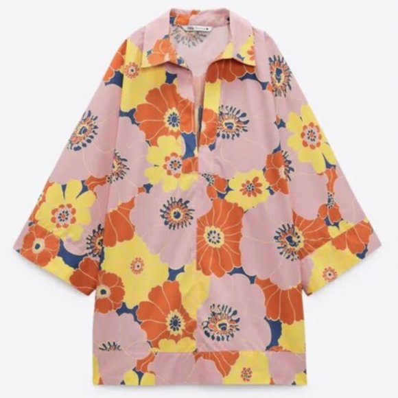 Zara Cotton Floral Print Oversized Shirt With Matching Bucket Hat Size XS - Picture 2 of 15